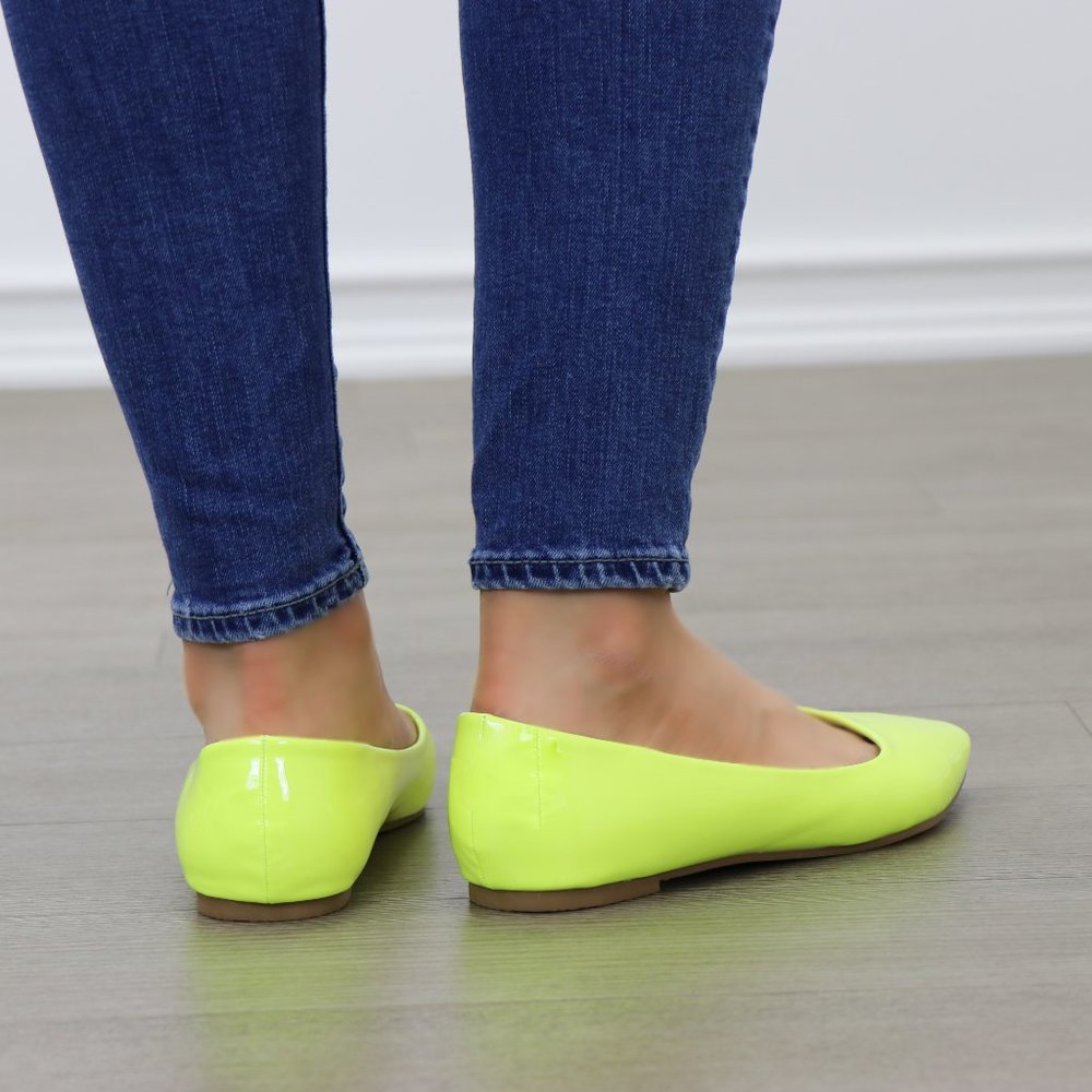 Neon Yellow Close Pointy Toe Slip Flat Shoes - Picture 2 of 8